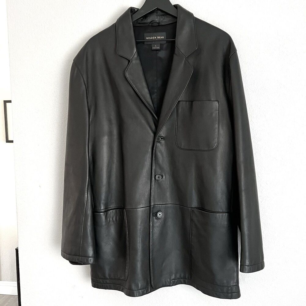 Golden Bear Mens Leather Blazer Jacket Size L Black